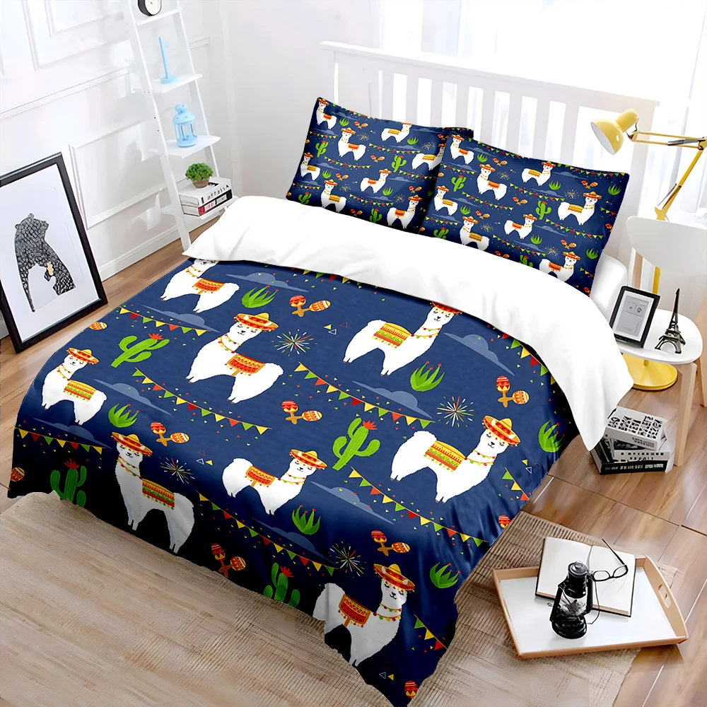 Llamas with Mexican hats pattern Bedding Set for Kids Luxury Gift 3pcs Digital Print Comforter Set Soft Comfortable Breathable