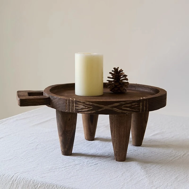 Solid Wood Fruit Tray Vintage Tea Serving Platter Rustic Farmhouse Decor Handcrafted Wooden Display Bowl for Boutique Hotel
