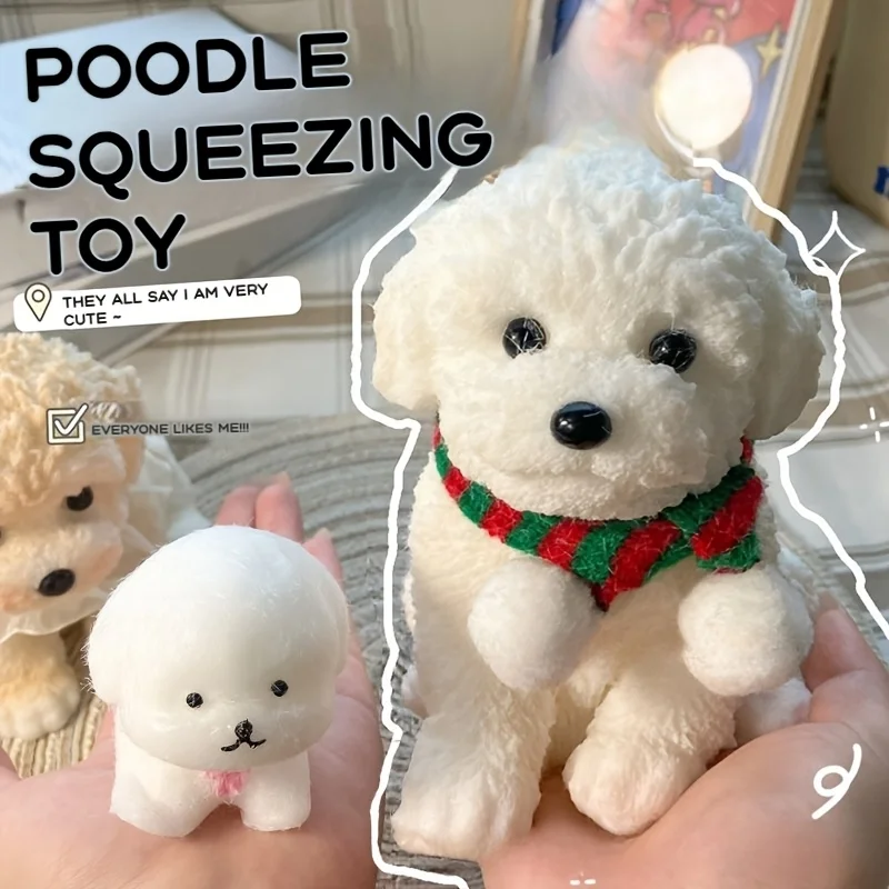 Lindo juguete para apretar caniche blanco: cachorro con bola de pellizco de goma suave con bufanda a cuadros roja y verde, ideal para cumpleaños, regalos de navidad