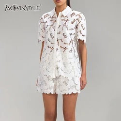 Deuxtwinstyle solide minimaliste deux pièces ensemble pour les femmes revers à manches courtes haut taille haute shorts tempérament