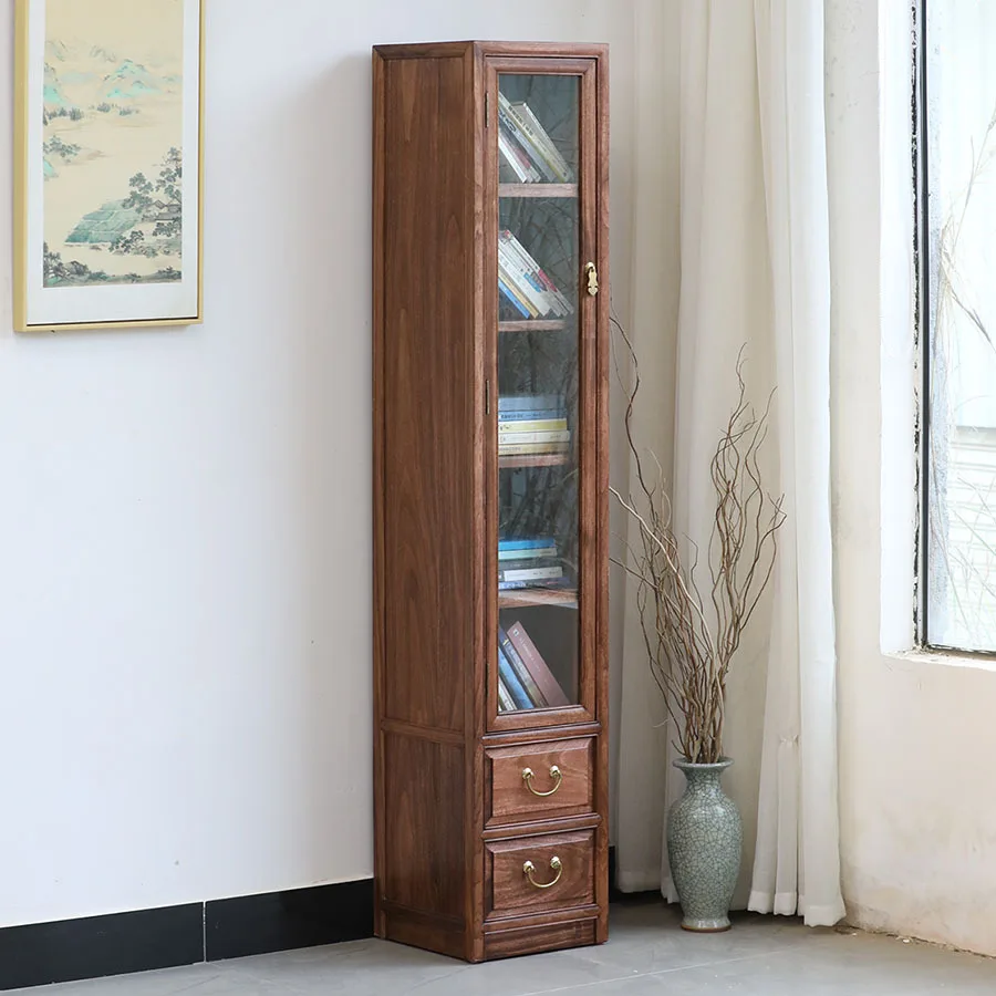 CX solid wood Chinese glass door bookshelf, household storage, living room cabinet