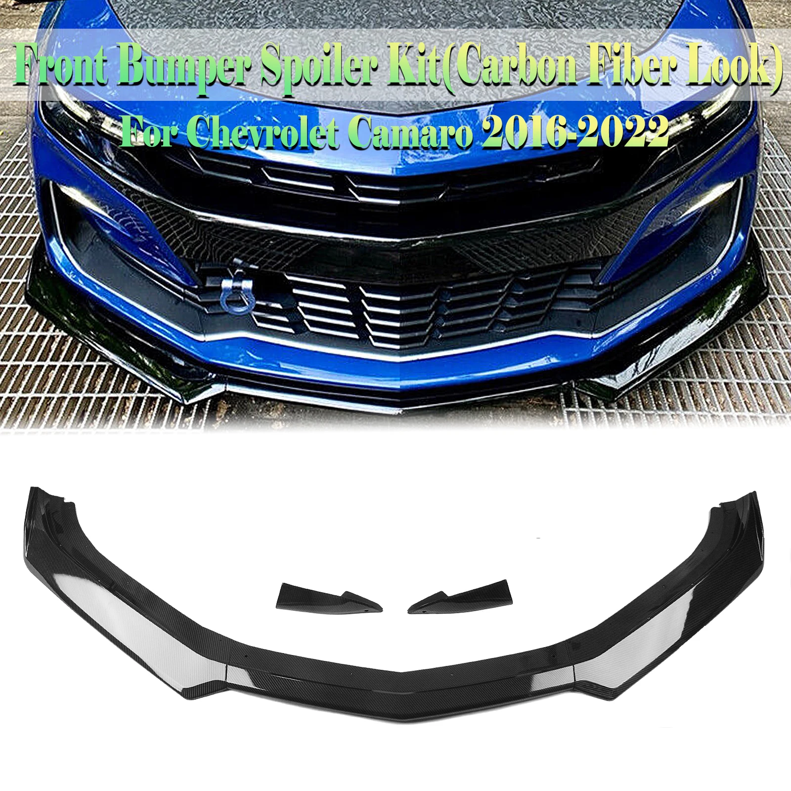 

For Chevrolet Chevy Camaro SS LS LT RS 2016-2024 Carbon Fiber Look/Gloss Black Front Bumper Spoiler Lip Lower Splitter Protector