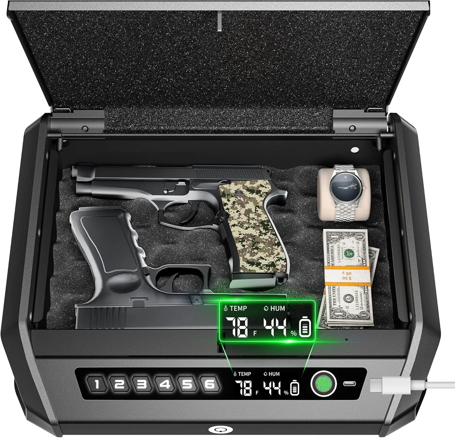 Replaceable Battery & BlackGun Safe with LCD Display, ≤0.1s Quick Access Handgun Safe for 2-4 Pistols, Hand Gun Lock Box with Fi