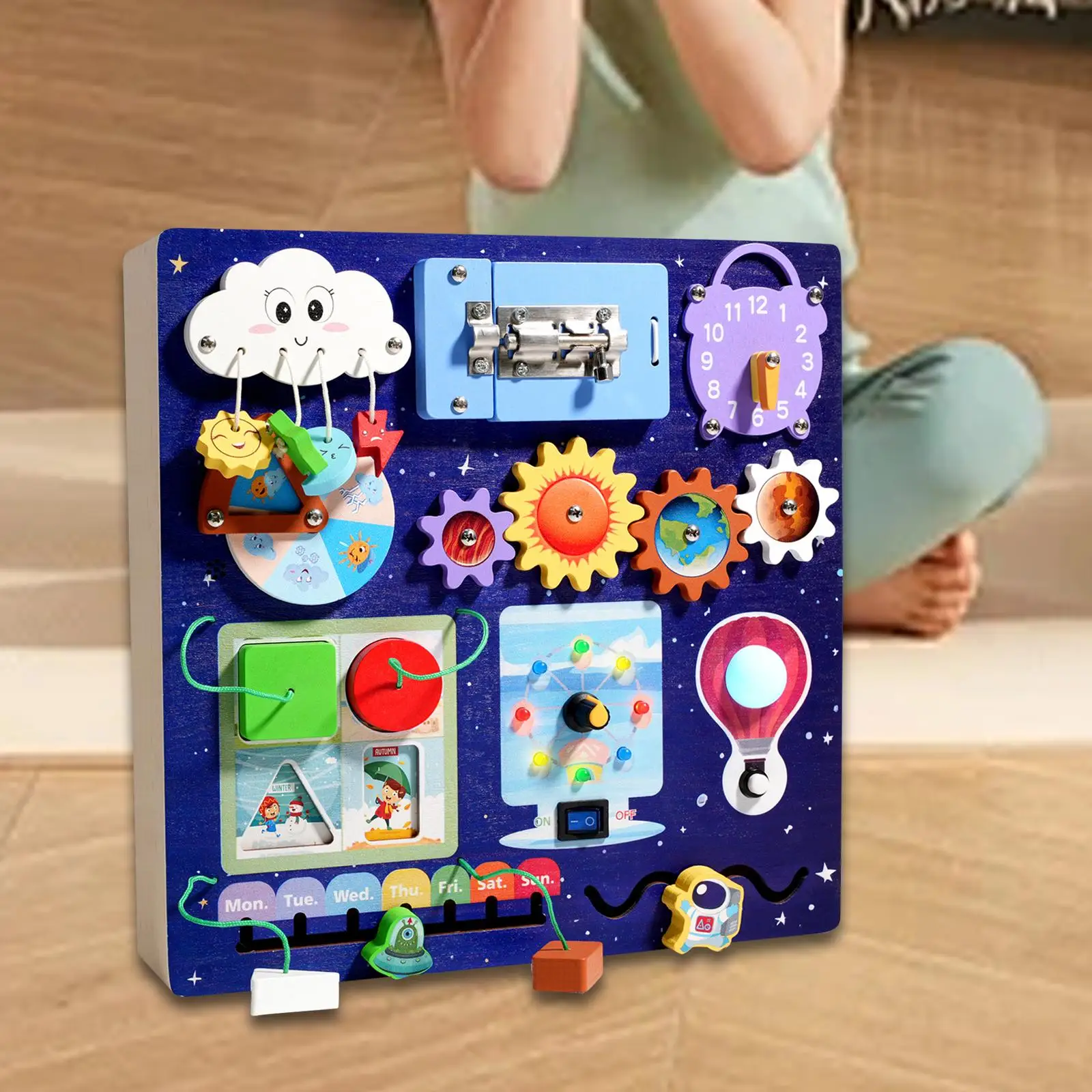 

Busy Board Multifunctional 4 Seasons Recognition Adjustable Lighting Speed Interactive Kids Busy Board for over 3 Years Old Kids