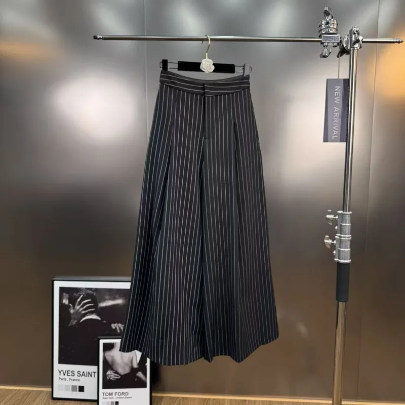 HKSH Primavera Autunno Nuove Donne Giacca Lunga Colletto Dentellato A Righe Doppio Petto Trench e Impermeabili Pantaloni A Gamba Larga Alla Moda Casual HK12584