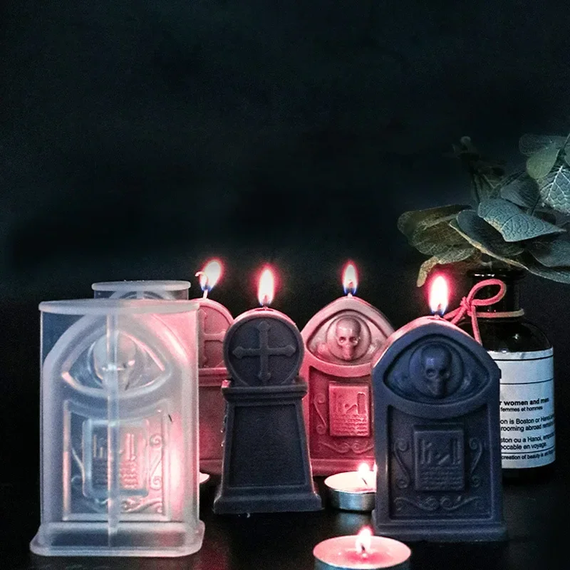 Halloween Skull Candle Silicone Mold DIY Cross Tombstone Aromatherapy Candle Gypsum Resin Creative Ornament Making Supplies Kit