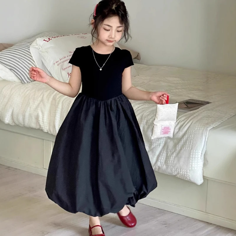 2025 New Girls' Summer Temperament High-end Feeling Slimming Black Patchwork Navy Blue Waist Cinching Skirt