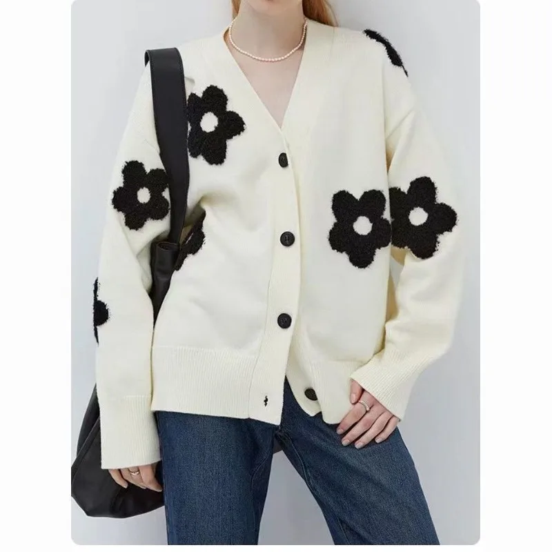 Vintage Flower Knitting Cardigan Women Autumn Winter Simplicity V-neck Sweater Coat Office Lady All-match Casual Knitwear Tops