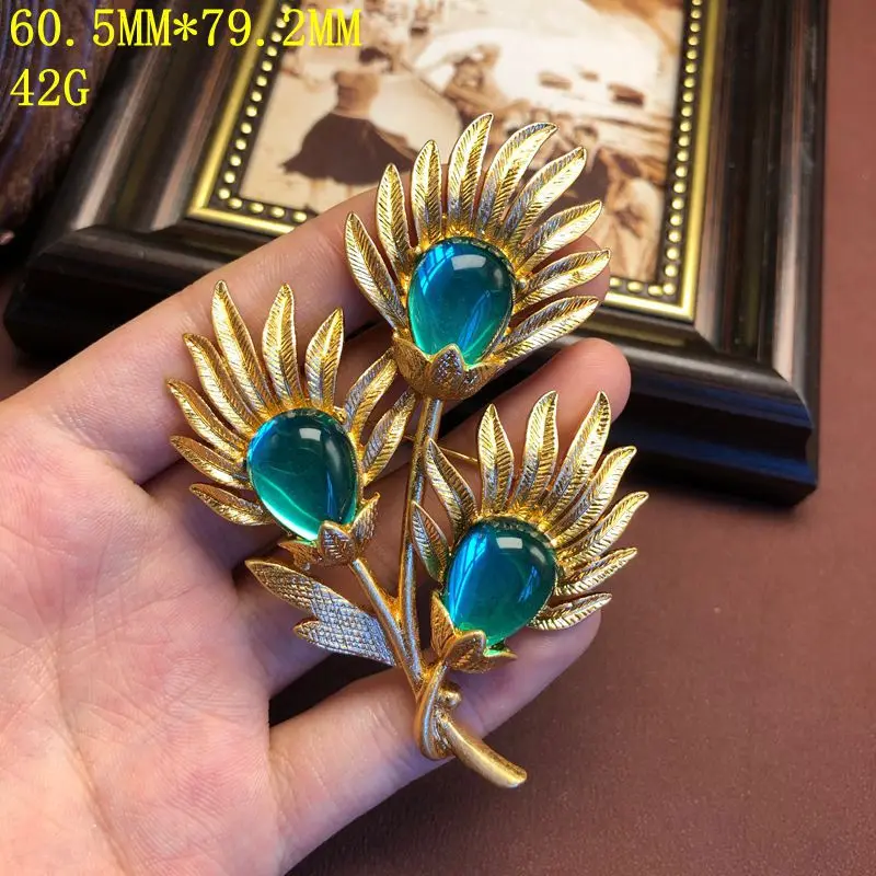 Matte Gold Tone Blue Glass Inlay Leaf Flower Brooch Vintage Elegant Versatile Women Clothing Pin Jewelry