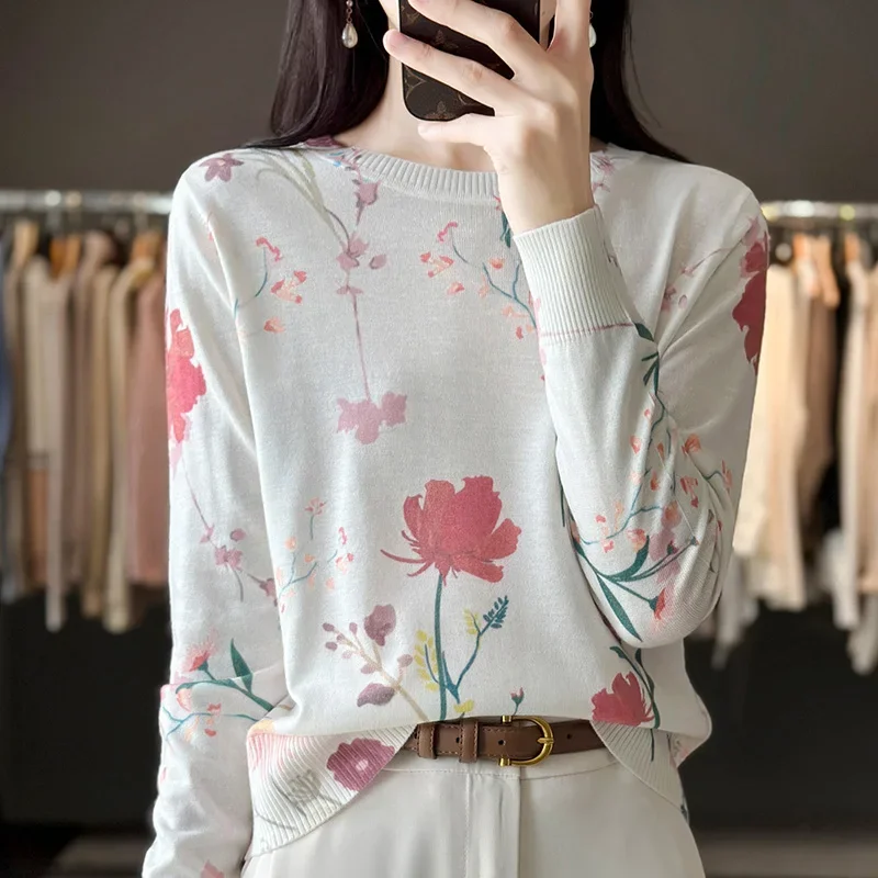 

Autumn Winter New Worsted Wool Mulberry Silk Printed Women Round Neck Sweater Fashion Knit Loose Female Pullovers Top