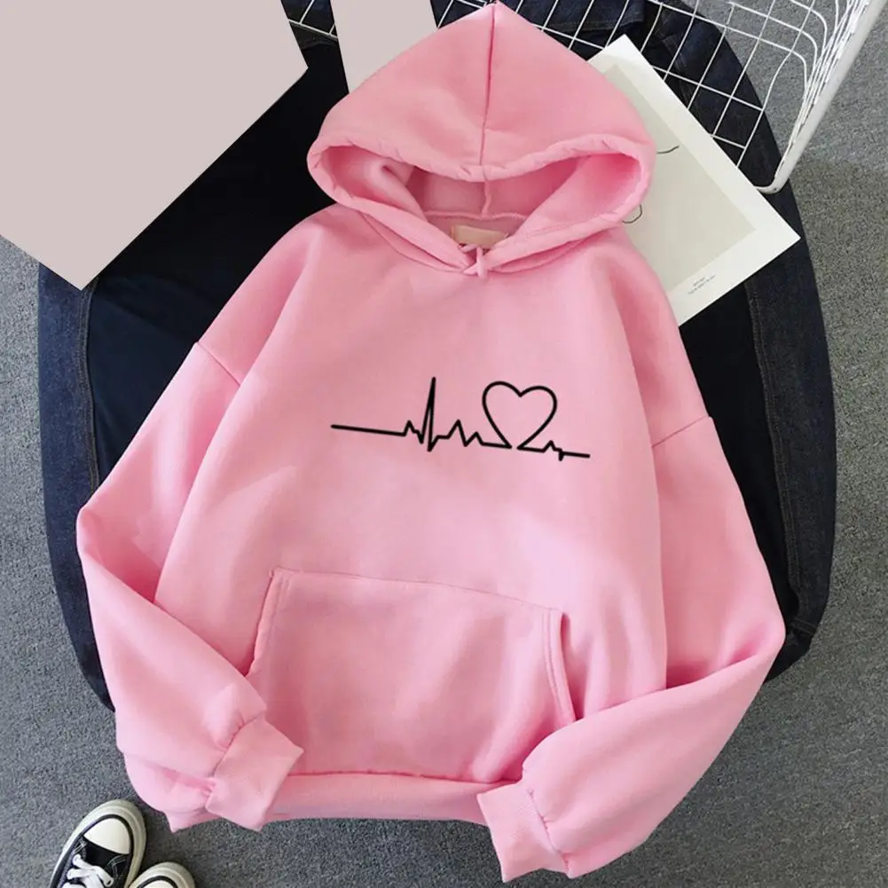 Women Winter Autumn Loose Hooded Shirt Heart Print Hoodies Drawstring Women Men Couple Sweatshirts Oversize Pullover Hoodie