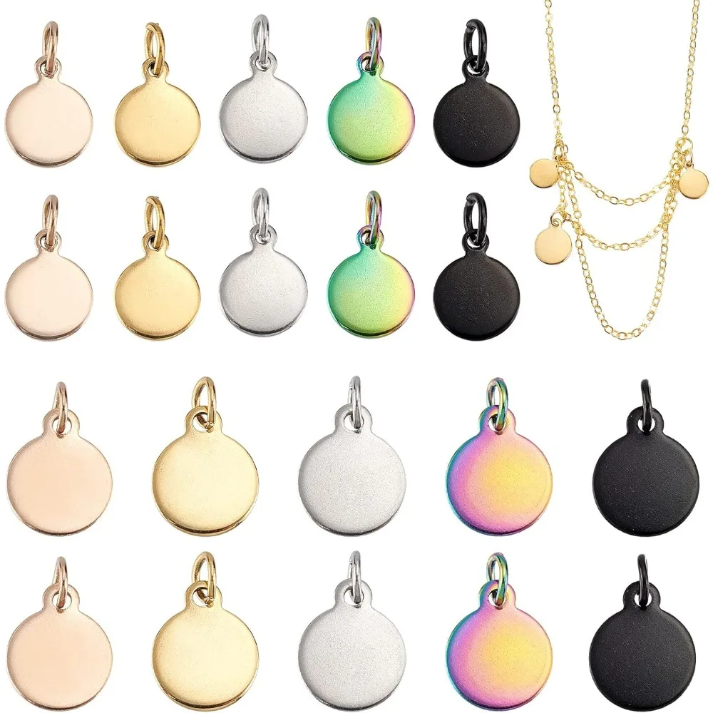 40 Pcs 5 Colors Flat Round Disc Pendants, Stainless Steel Stamping BlankTag Metal Polished BlankTag with Jump Rings for