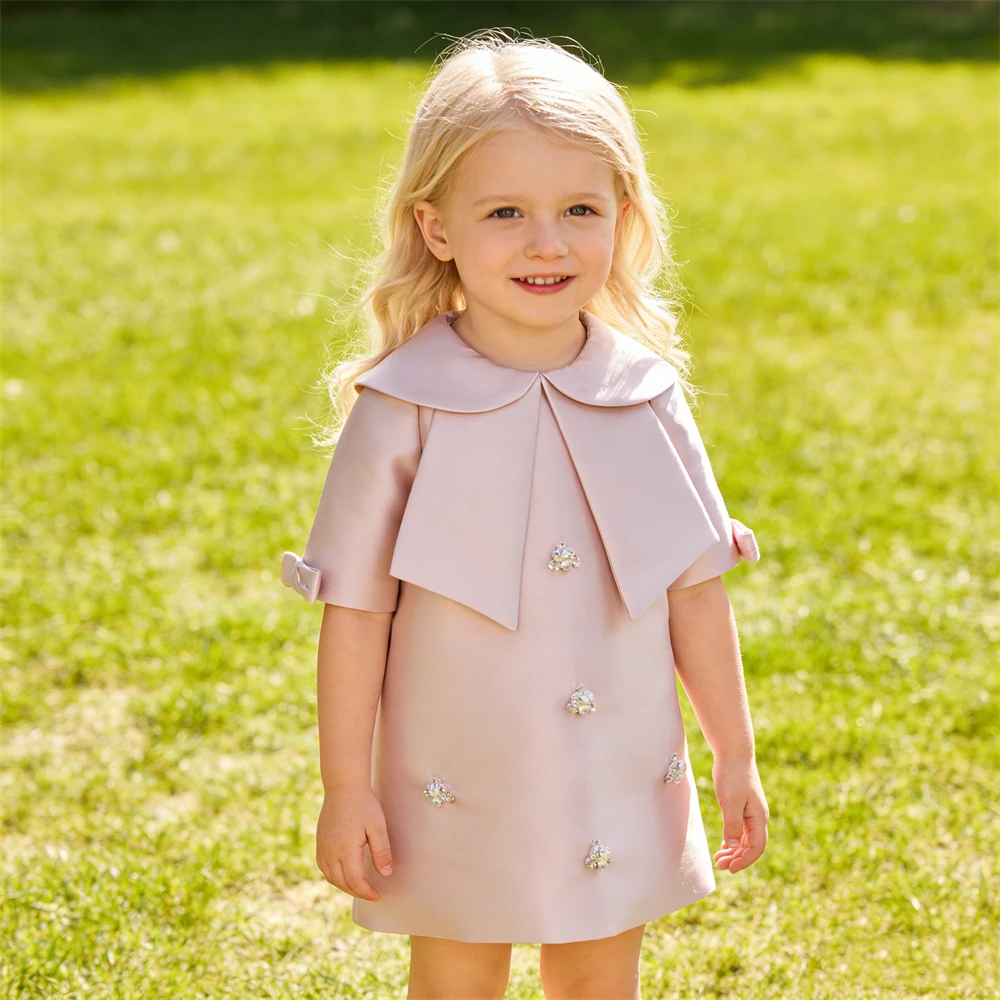 24 Hours Ship Pink Satin Dress for Children, 2-12 Yrs Kids Dress, Half Sleeves Bowtie Collar Birthday Dress with Pearls