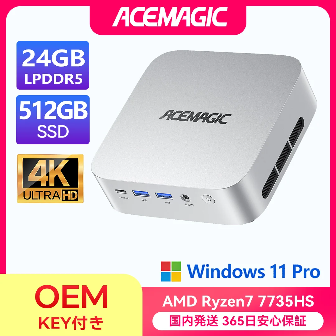 ミニPC AMD Ryzen™7 7735HS 高性能 Mini PC 4.75GHz 8コア/16スレッド ミニPC Windows11Pro 24GB 512GB静音設計 パワフル＆省電力 ミニパソコン 3画面出力 省スペース 4K@60Hz 高速放熱