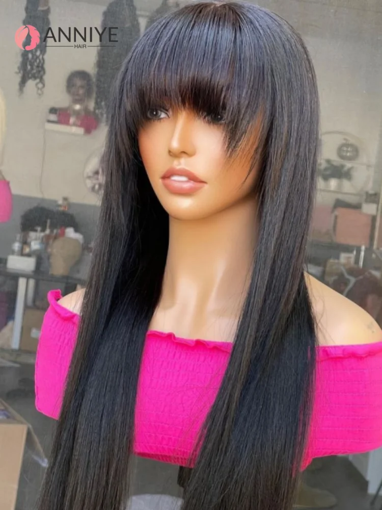 

Silky Straight Human Hair Wigs With Bang Full Machine Made Wigs 16-30inch Natural Color Glueless Peruvian Remy Human Hair Wigs