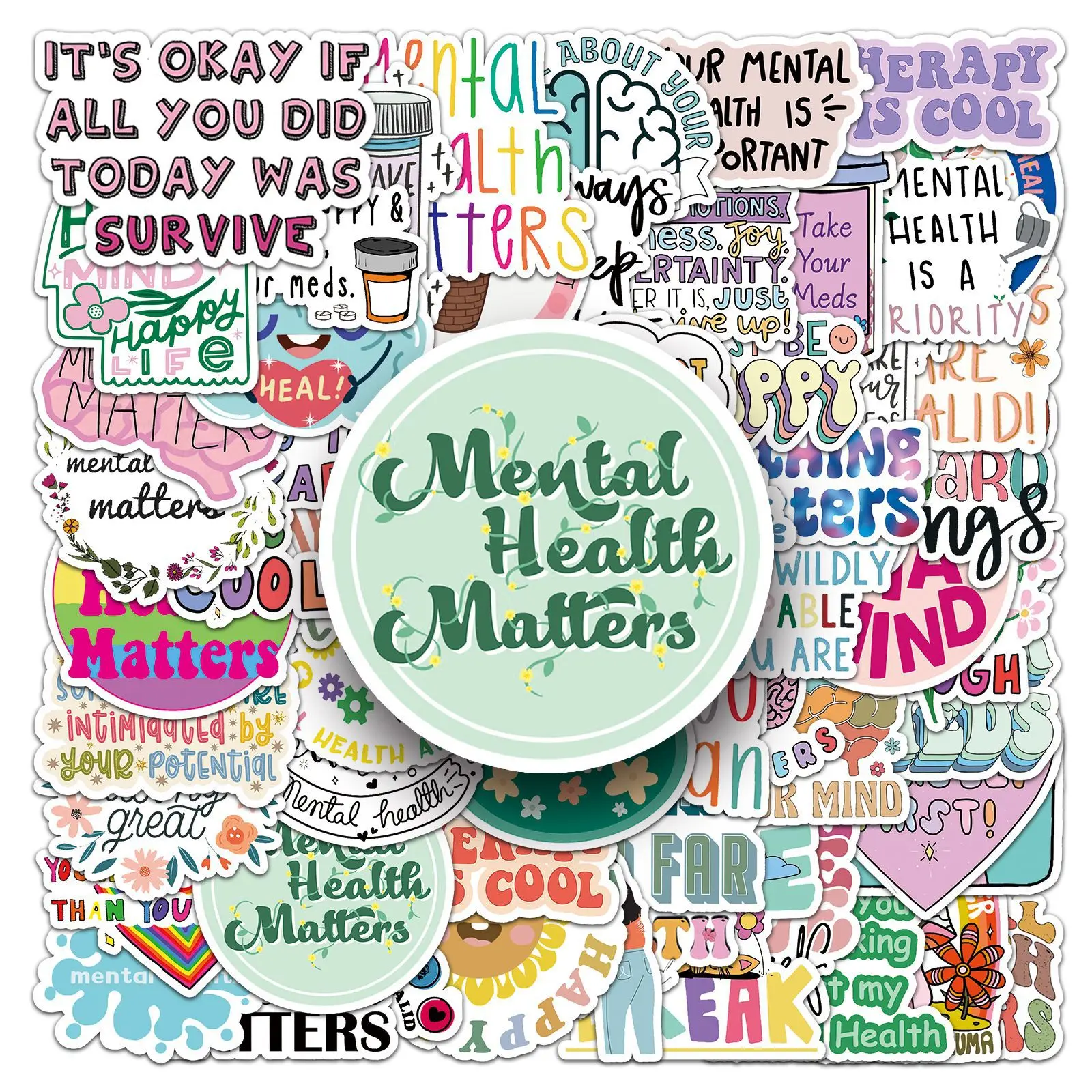 100 PCS Mental Health Graffiti Stickers English Slogan Decorative Decals for Water Bottle Laptop Stationery
