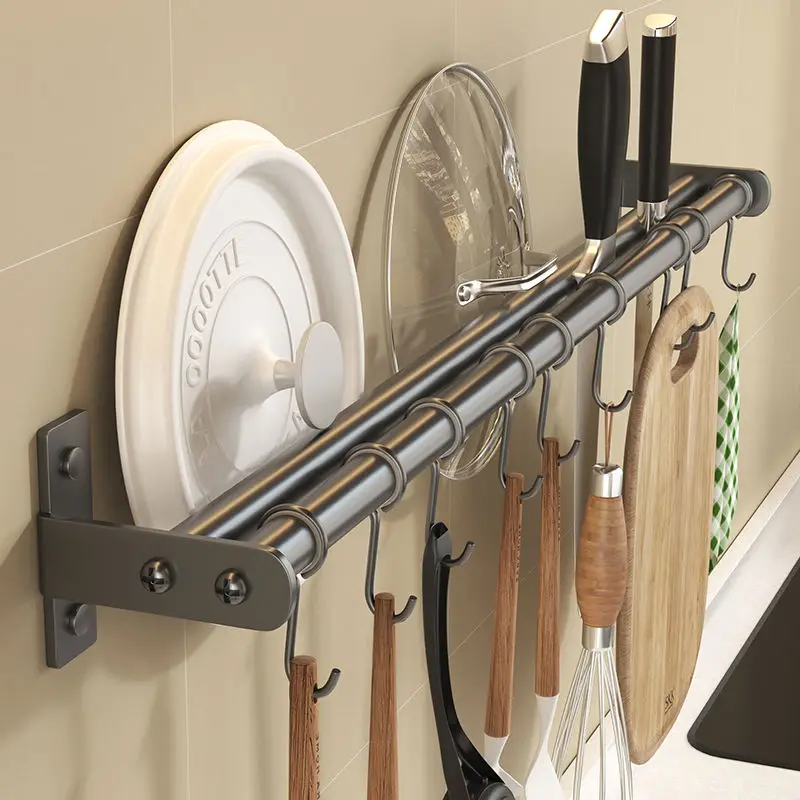 

No Punching Wall-mounted Kitchen Rack with Rod Hook Knife Rack for Pot Lid Spatula Storage Shelf Organizer Kitchen Accessories