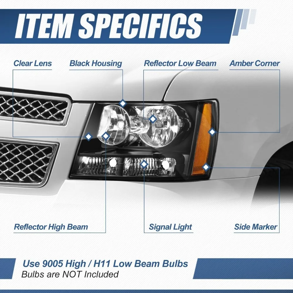 

Headlight Assembly Compatible with Chevy Tahoe Suburban 1500 2007-2014 Avalanche Suburban 2500 2007-2013, Black Housing Amber