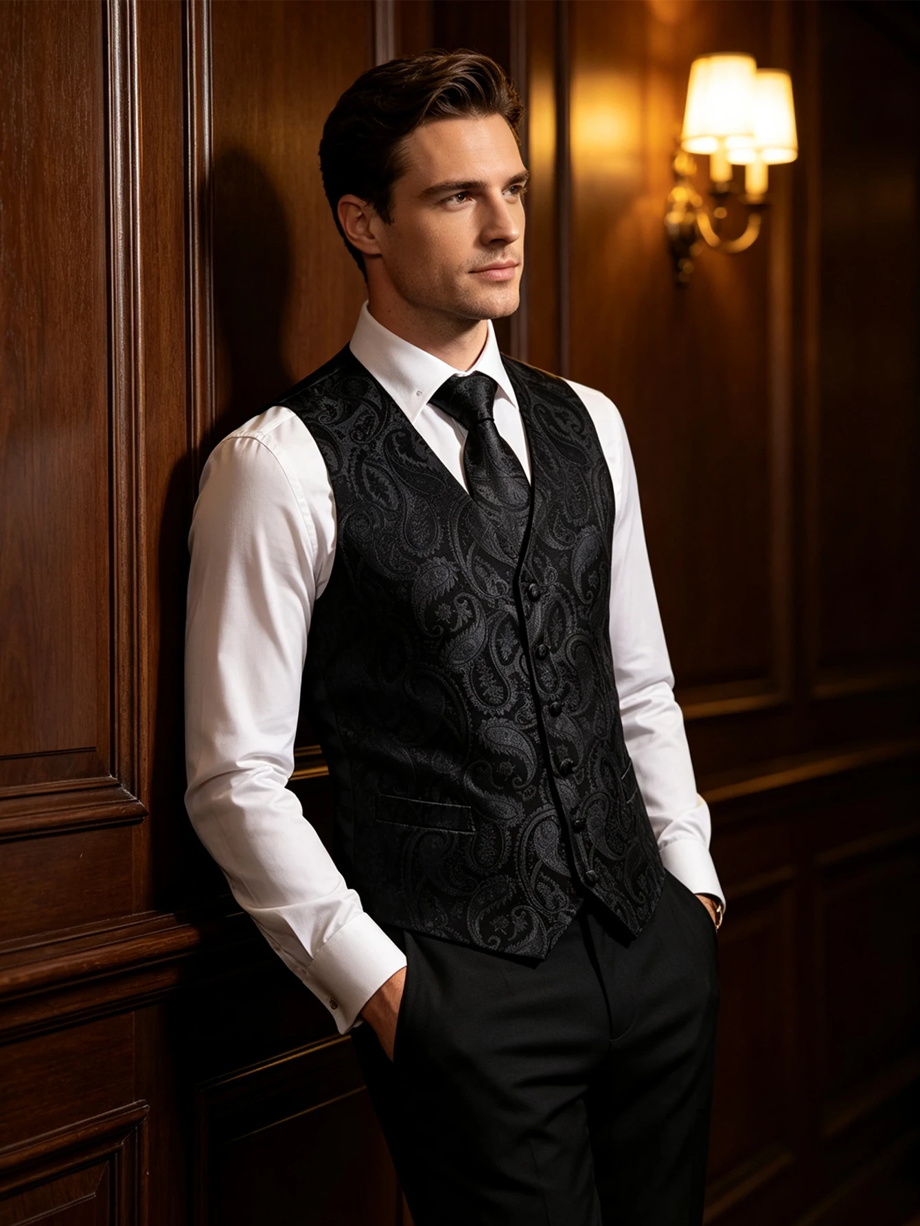 Solid Black Paisley V-Neck Vest Matching Set Tie & Bowtie Pocket Square Cufflinks For Business Annual Ceremony