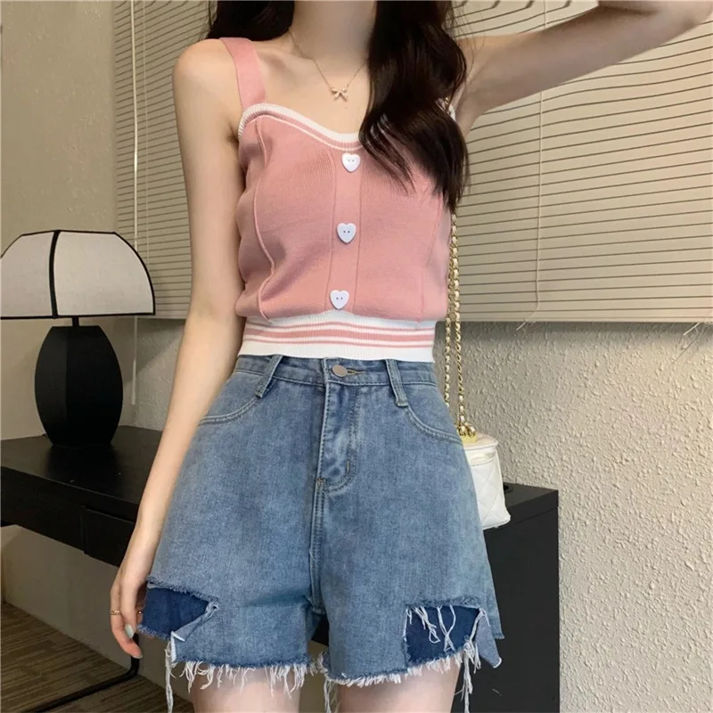 Langweilig Honig Frauen Tops Süße Würzige V-ausschnitt Gestrickte Weste Sommer Mode Kurze Pullover Crop Top Kontrast Farbe Dünne Dünne Top Wome