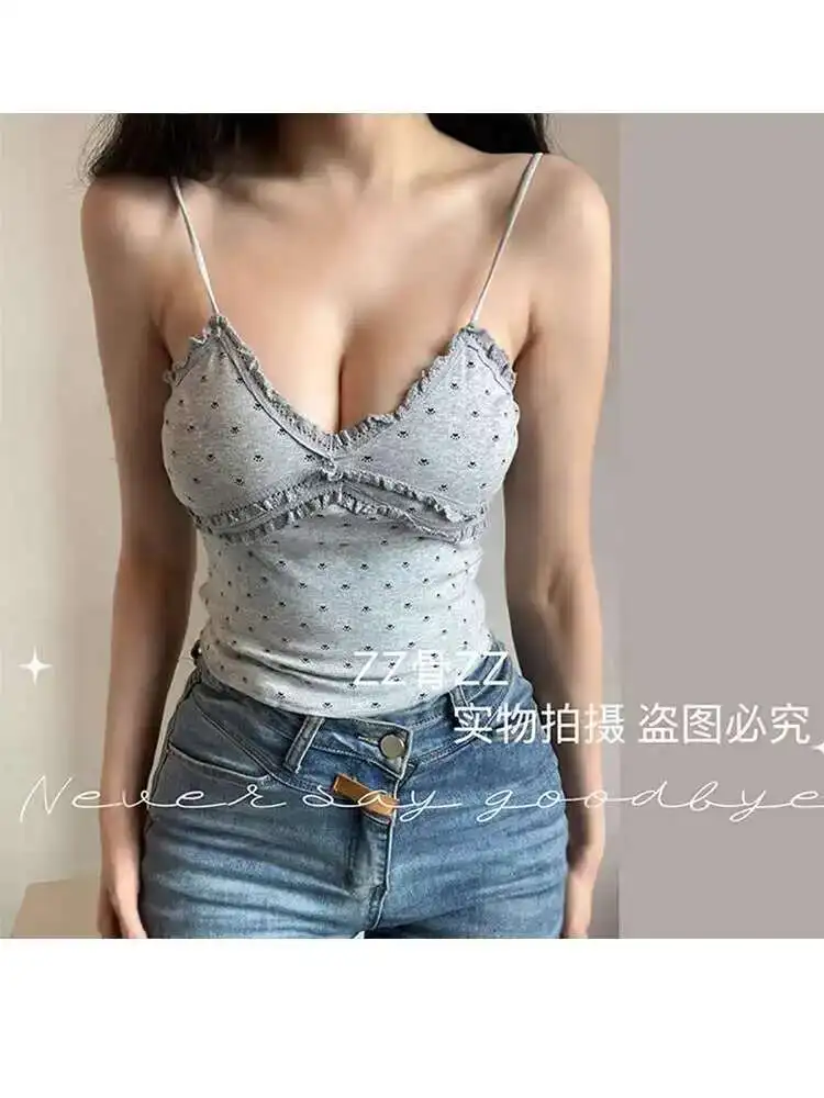 ฤดูร้อนใหม่สไตล์ฝรั่งเศสVคอพิมพ์Splicing Tank Bralette Crop Top Vคอเสื้อเซ็กซี่ร้อนผู้หญิงเกาหลี 2025 ใหม่UQSX