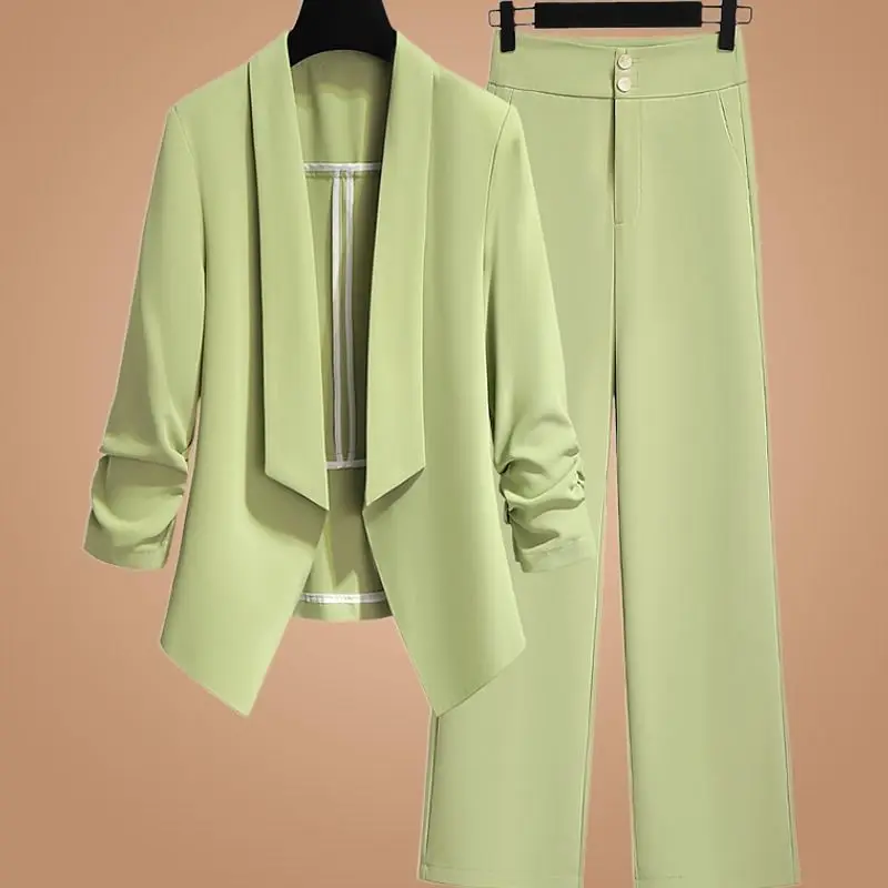 Korean Style Slim Fitting Thin Jacket Blazer Casual Wide Leg Pants Two-piece Elegant Women's Pants Set Summer Office Outfits