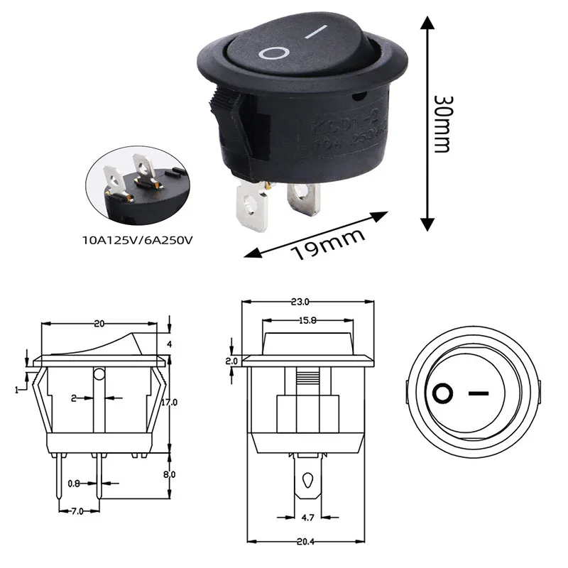 20pcs Round Rocker Switch Black On Off 2 Pin Mini Round Toggle Switch 3A 250V 6A 125V Circle Switches For RV Car Truck Boat