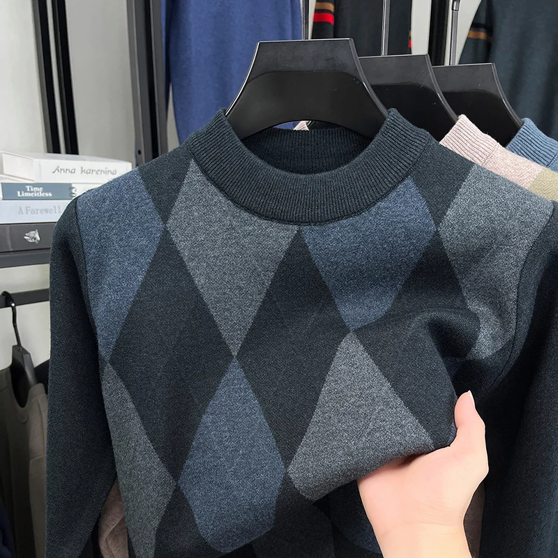 

Personality fashion checkered printed round neck sweater soft comfort knitted Korean style new trend casual men luxury pullover