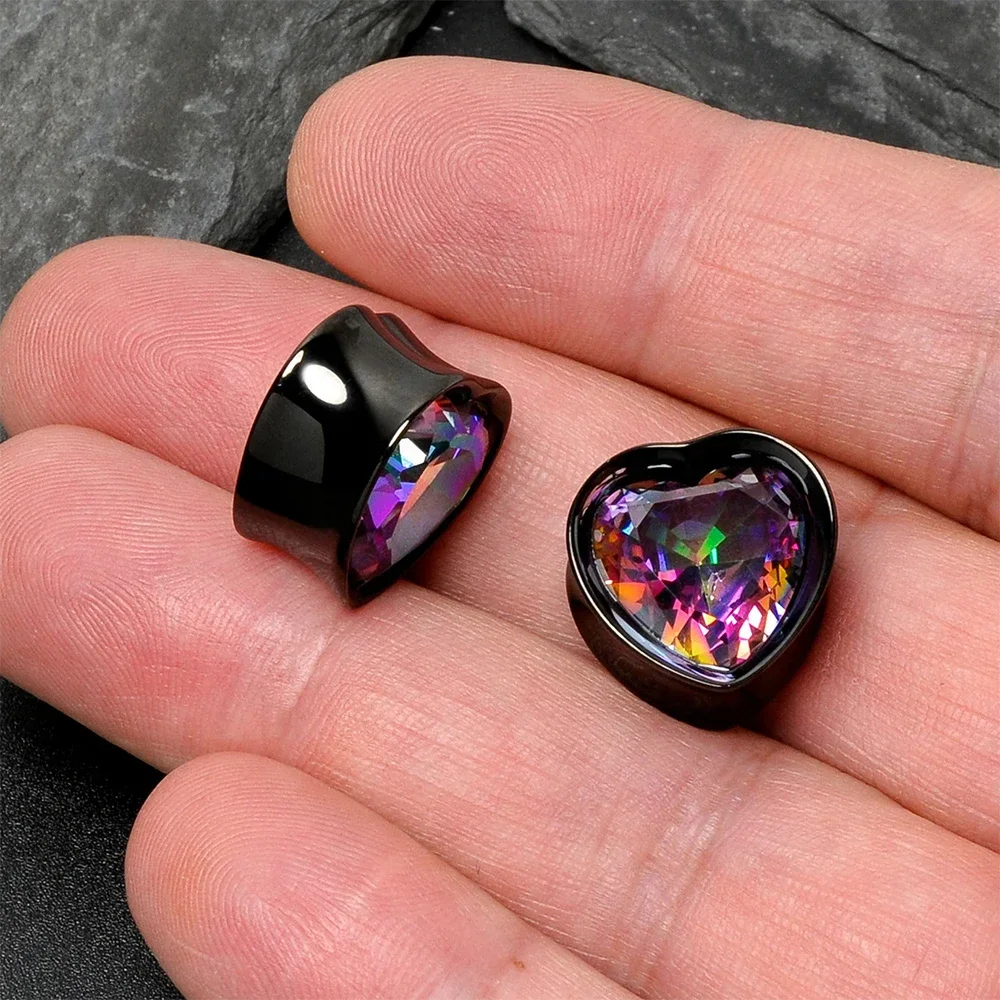 Dreamlee 2PCS Rainbow Zirconia Heart Ear Plug Tunnel Stainless Steel Threadedless Earrings Gauges Expander Piercing Jewelry