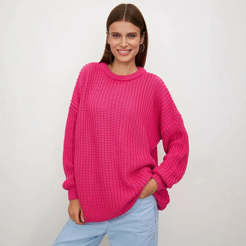 

Tornova Solid Hollow Knitted Sweater For Women O neck Lantern Long Sleeve Casual Knitwear Top Loose Casual Sweater Female New