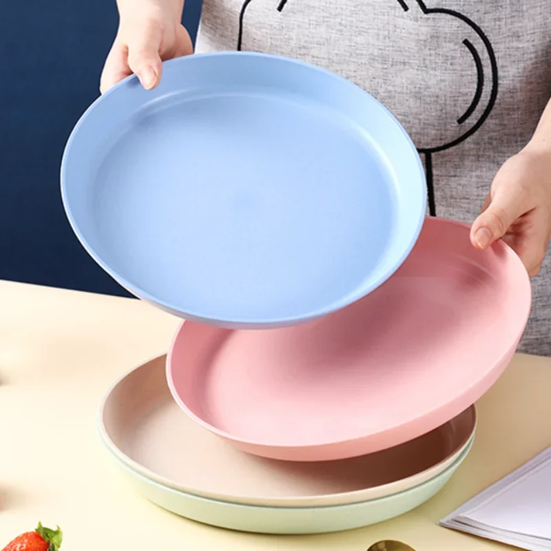 

Round Plastic Tray Wheat Straw Loaf Pan Eco-friendly Breakfast Bread Plate Fruit Snack Round Storage Tray Home Kitchen Supplies