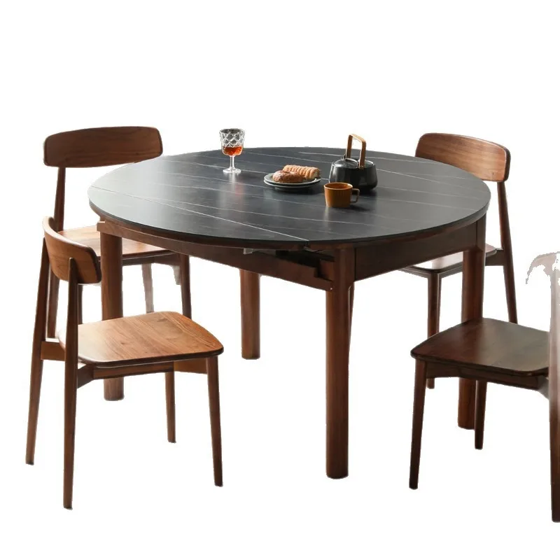 Solid wood slate dining table Household small apartment stacked dining table Black walnut simple retractable round table