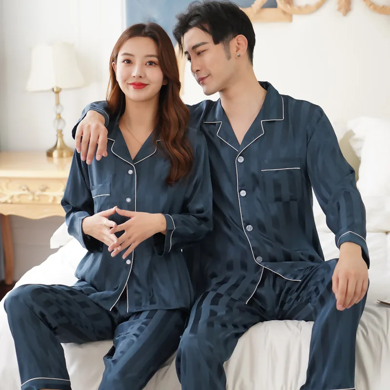 Women Pajama Set Silk Couple Pajamas Lapel Pyjamas Ice Silk Pijama pjs Sleepwear Long Sleeve Shirt Pants Homewear Loungewear