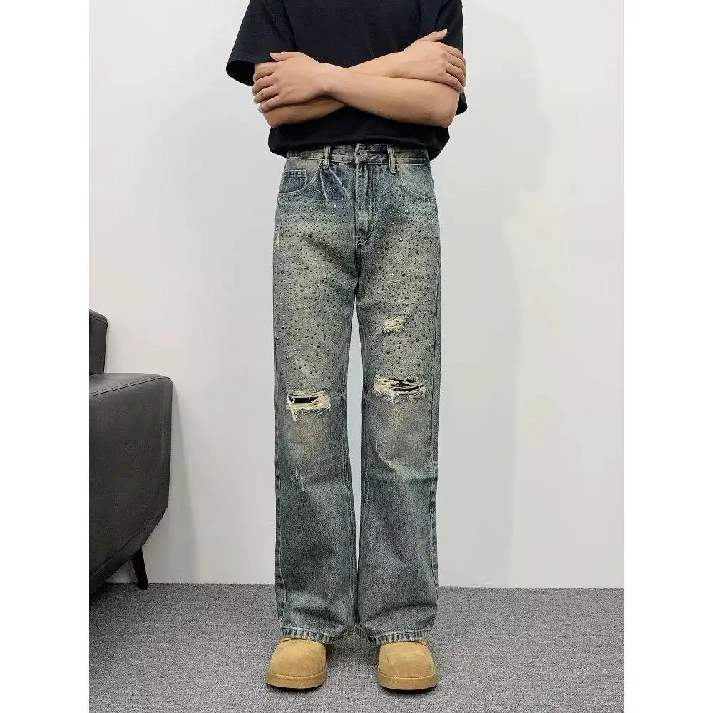 Men's Distressed Design Retro Jeans Cool Boys Street Sweatpants Fashion Denim Trousers Male Y2k Casual Straight Wide Leg Pants