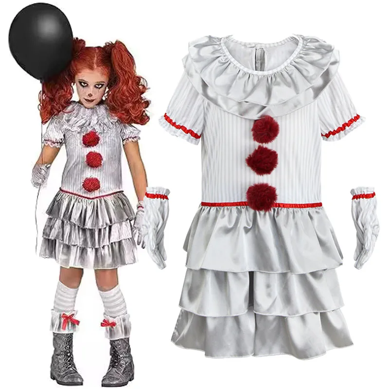 Kids Halloween Joker Pennywise Girls Dress Stephen King It Chapter Horror Clown Dress Christmas Party Costume for Girls