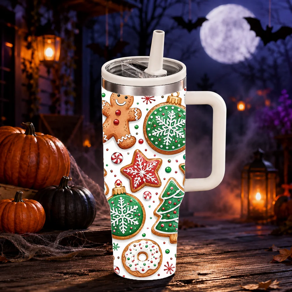 Gingerbread Candy Christmas Vacuum Flasks 40oz Large Capacity Stainless Steel Tumbler with Handle Straw Lid Insulated Mug Cup