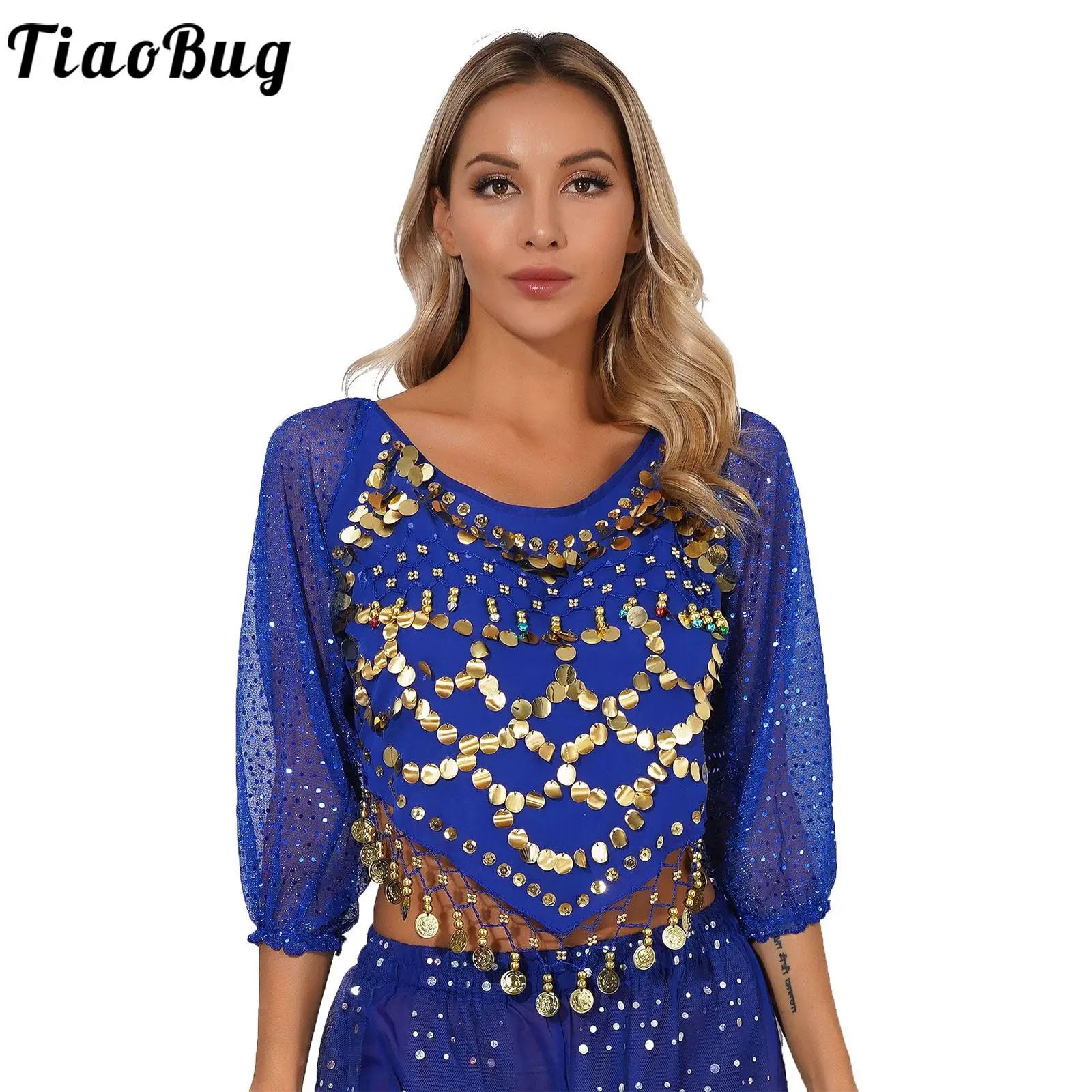 Womens Shiny Sequined Long Sleeve Belly Dance Chiffon Tops Self-tie Back Irregular Hem Crop Top Carnival Performance Costume