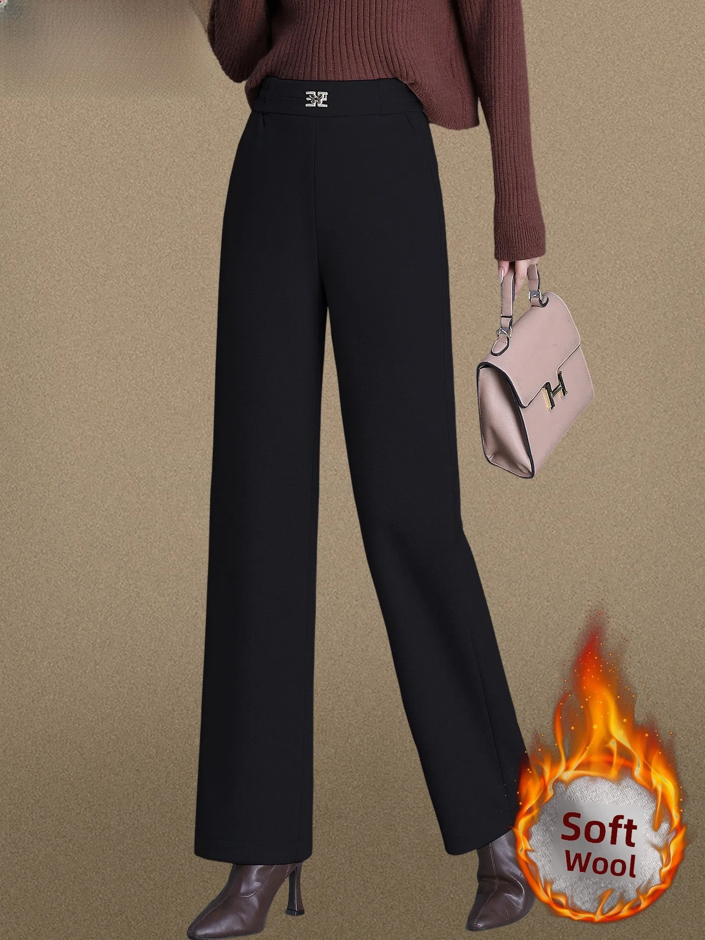 

High Waist Straight Leg Woolen Trousers for Mom Thiened Fce Warm Long Pants Women's Mid-Aged And ly Faion