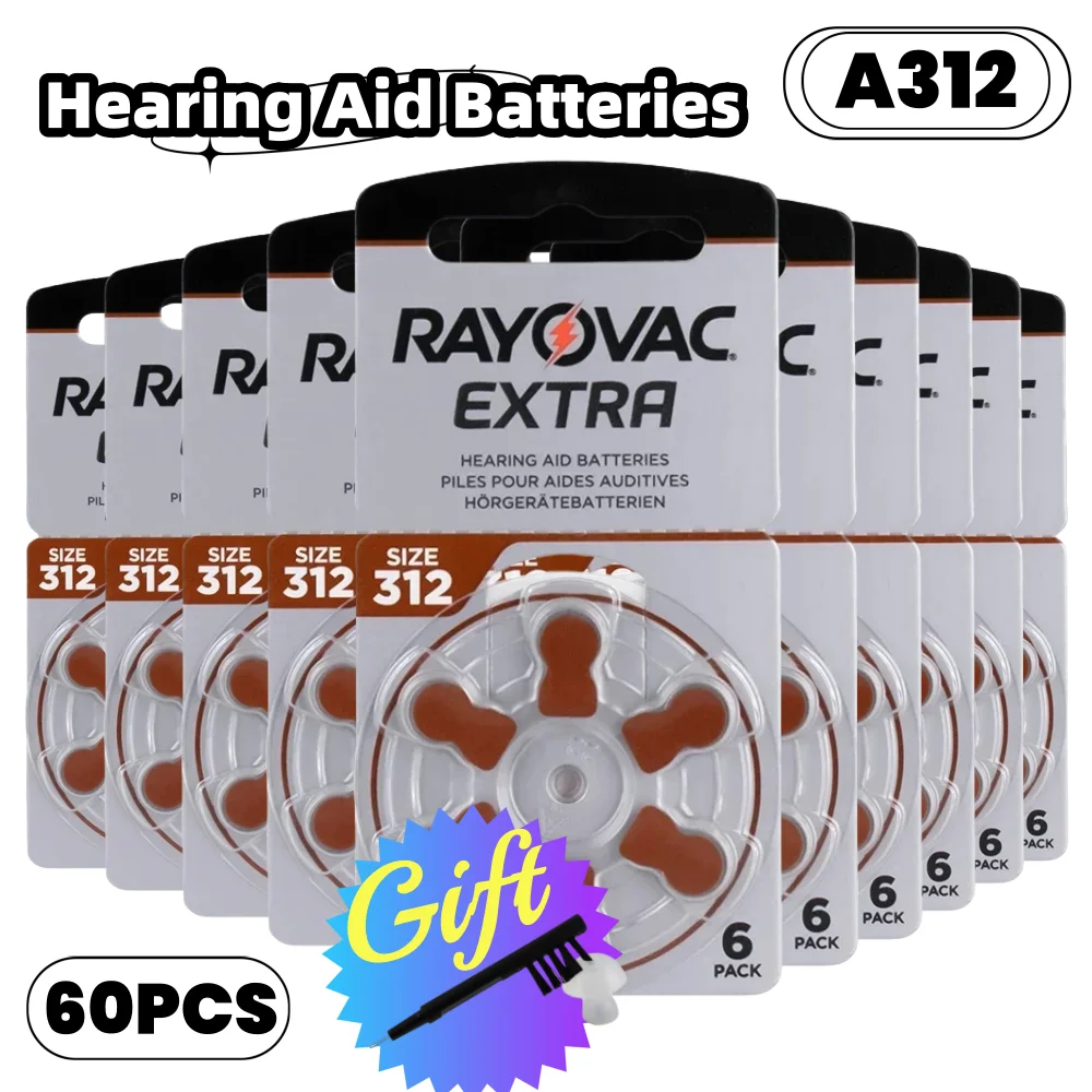 Rayovac-baterías para Audífonos de 6-60 piezas, tamaño 312, aire Extra de Zinc, 1,45 V, batería para Audífonos profesionales