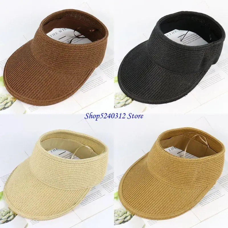 634C Women Summer Sunscreen Empty Top Cap Solid Color Straw Weaving Wide Brim UV for Protection Breathable Adjustable Beach for