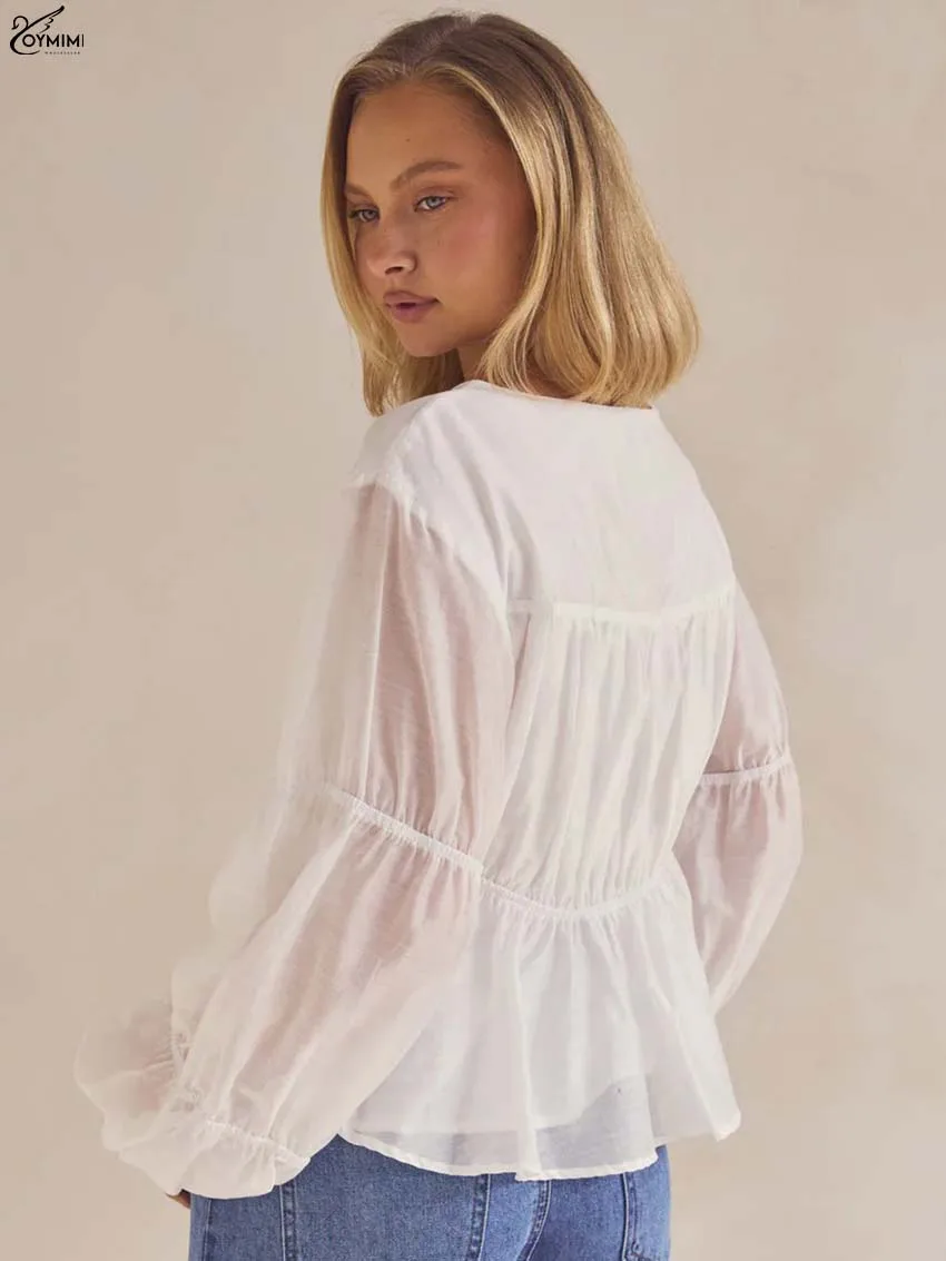 Oymimi Fashion White O-Neck Women's Blouse Elegant Long Sleeve Pleated Loose Blouses Autumn New Solid Female Blouse Streetwear