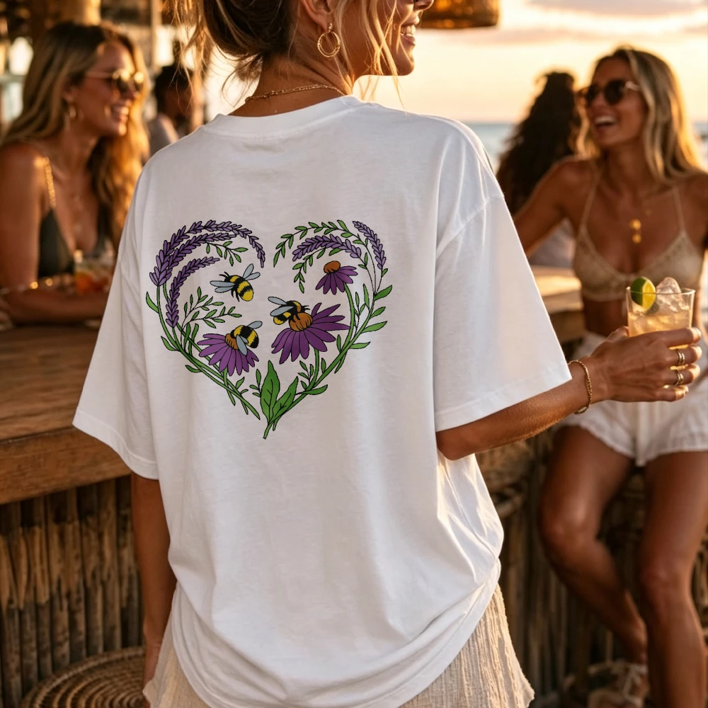 With Heart Shaped Floral Design Bees Purple Flowers Green Leaves Crew Neck Short Sleeves White T-Shirt  Y2k High Quality Cotton