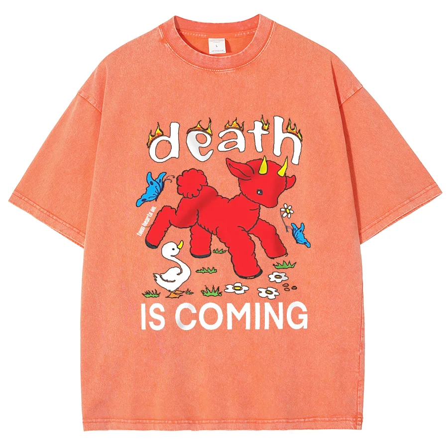 Y2K Washed T Shirt For Men, Hip Hop Death Is Coming Graphic Print Oversized Tshirt For Unisex ,Harajuku Short Sleeved Streetwear