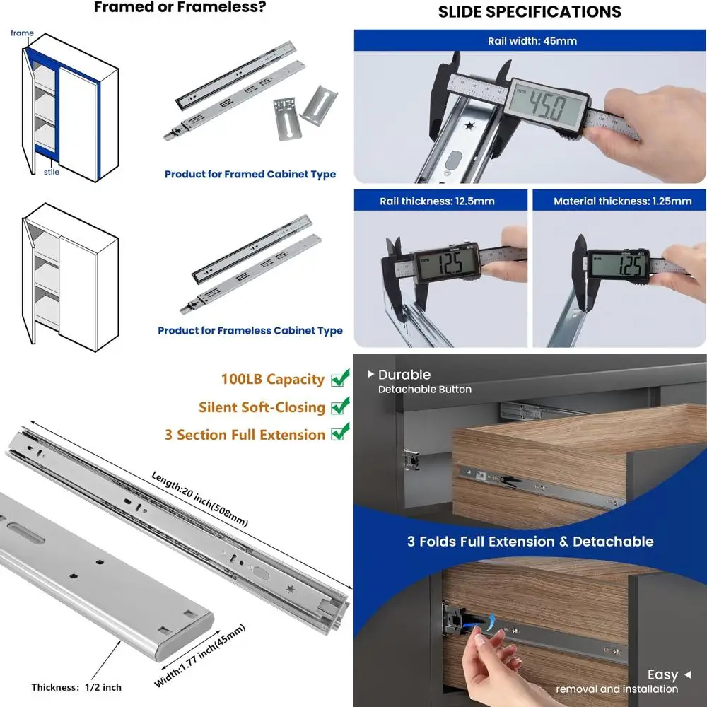 

20-дюймовые усиленные направляющие для выдвижных ящиков с нагрузкой до 45 кг, боковое крепление, на шарикоподшипниках, в комплекте с крепежом