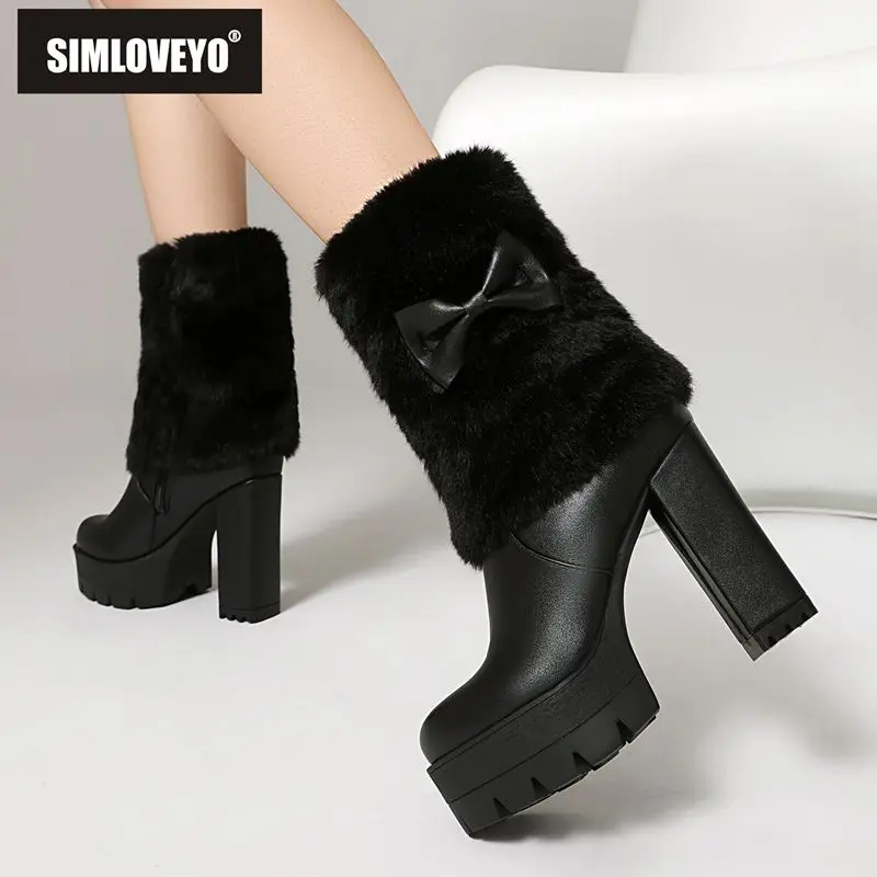 

SIMLOVEYO Sweet Bowtie Women's Mid-Calf Boots Round Toe 11cm Block Heels 3.5cm Platform Zipper Big Sizes 44-45 47-50 Punk Style