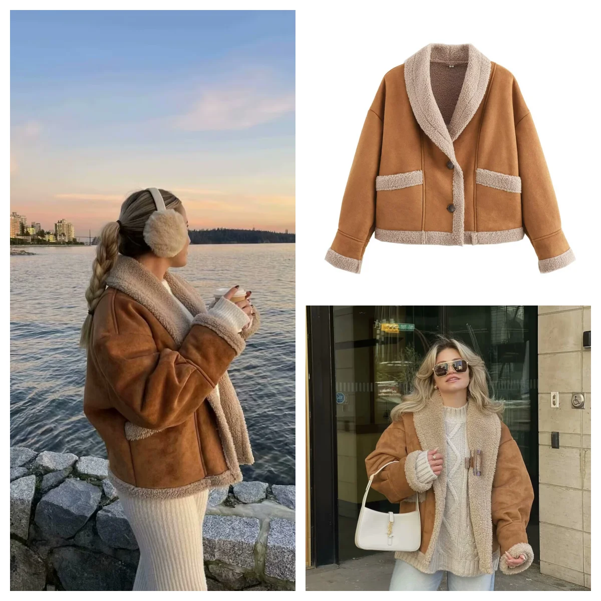 Winter new fur integrated jacket for women, fashionable European and American style lapel warm suede sherpa jacket