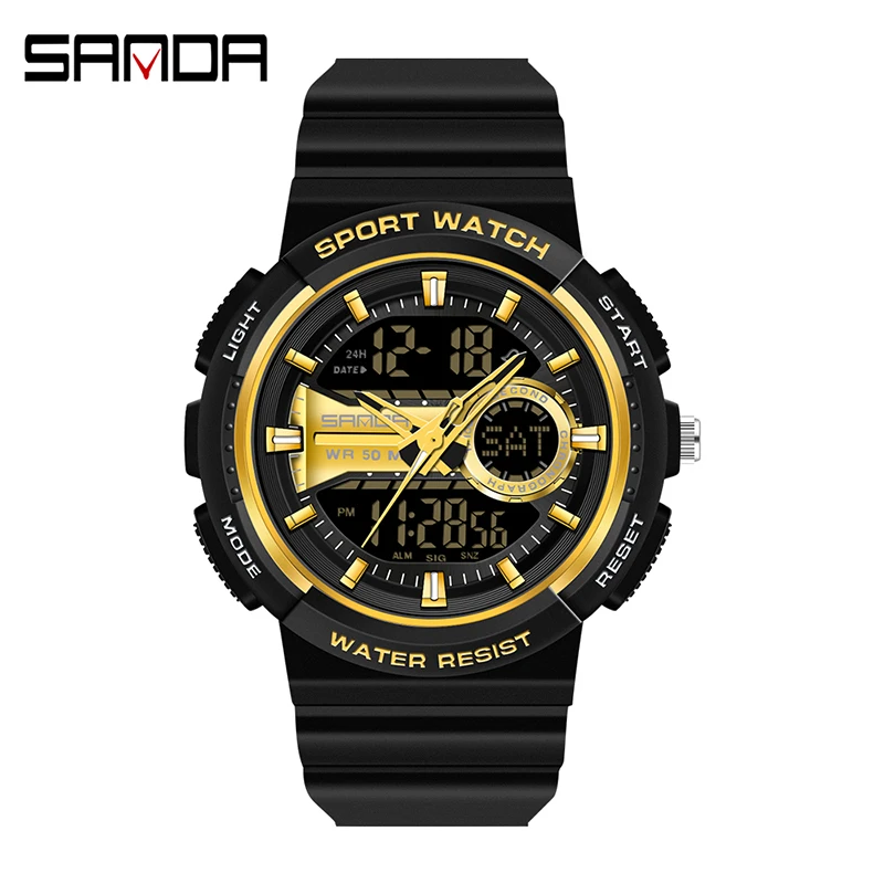 2023 Fashion Sanda Top Brand Multi Functional Dual Display Wrist Watches Men Sports Watch Timer Alarm Clock Shockproof Luminous