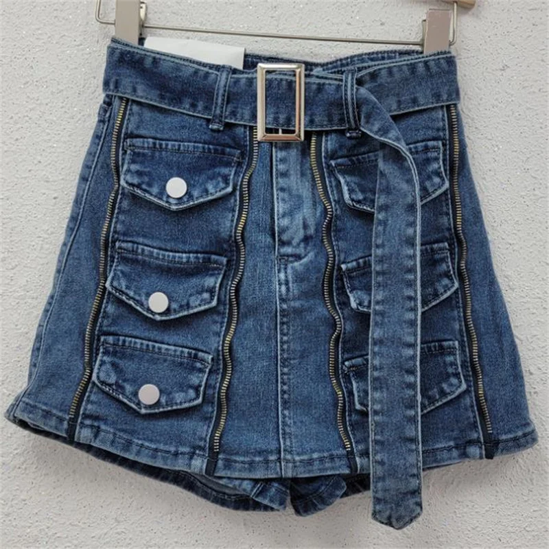 

Summer high waist A-line wide-leg shorts skirt pocket denim short skirt women summer