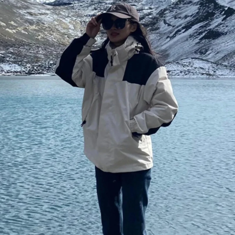 

Women's Waterproof Hiking Jaet Outdoor Travel Jacket Spring Autumn Polyester Fabric Loose Long Sve Zipper Closure Hooded Coat