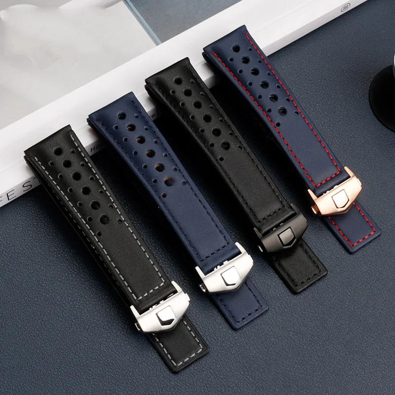 Breathable Genuine Leather Watchband 22mm For TAG HEUER MONACO CARRERA CBL2115 Men\'s Leather Watch Strap Folding Buckle Bracelet